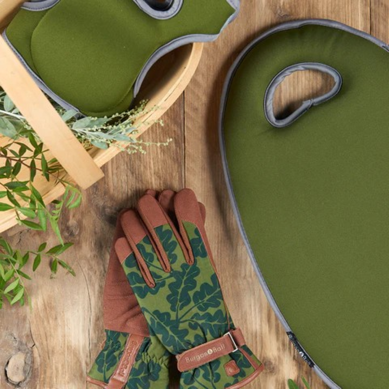 Love The Glove hagehansker til dame i Grønnt Eikeblad-design, størrelse M/L – pustende og polstrede hansker med skinnkant og borrelås