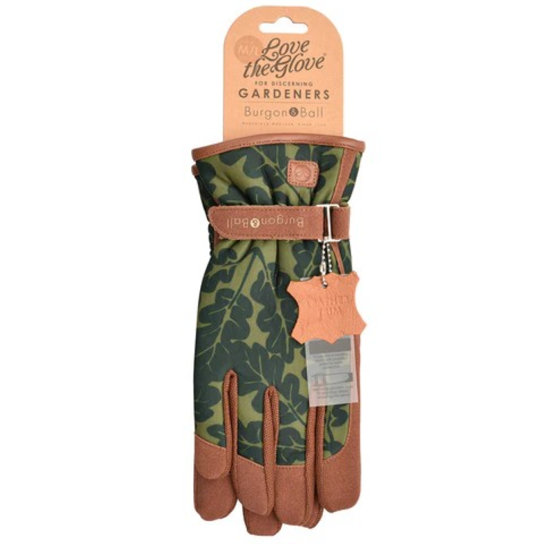 Love The Glove hagehansker til dame i Grønnt Eikeblad-design, størrelse M/L – pustende og polstrede hansker med skinnkant og borrelås