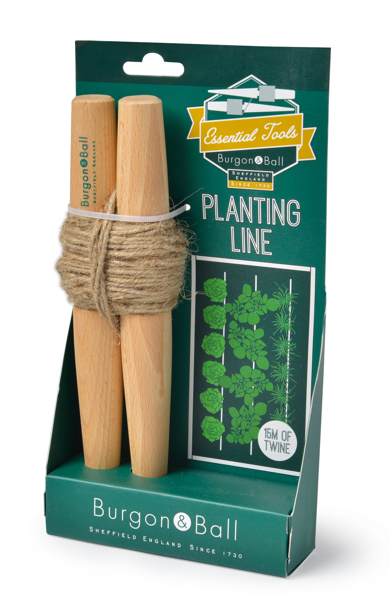 Plantelinje laget av FSC-sertifisert bøk med naturlig jute-snøre for presis planting i hage, kjøkkenhage eller krydderbed.