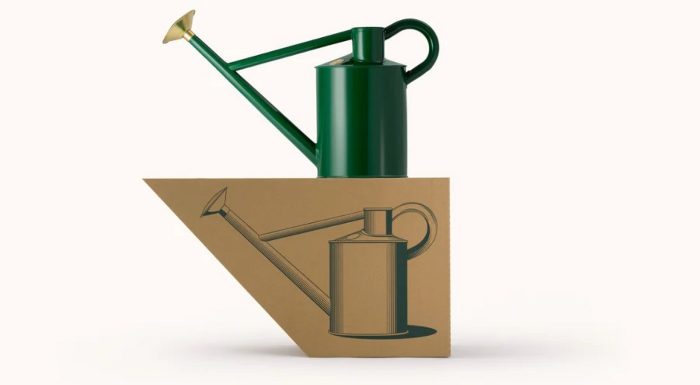 Grønn metallvannkanne i klassisk design med lang tut og grov dusjrose, perfekt for utendørs vanning av blomster og planter.