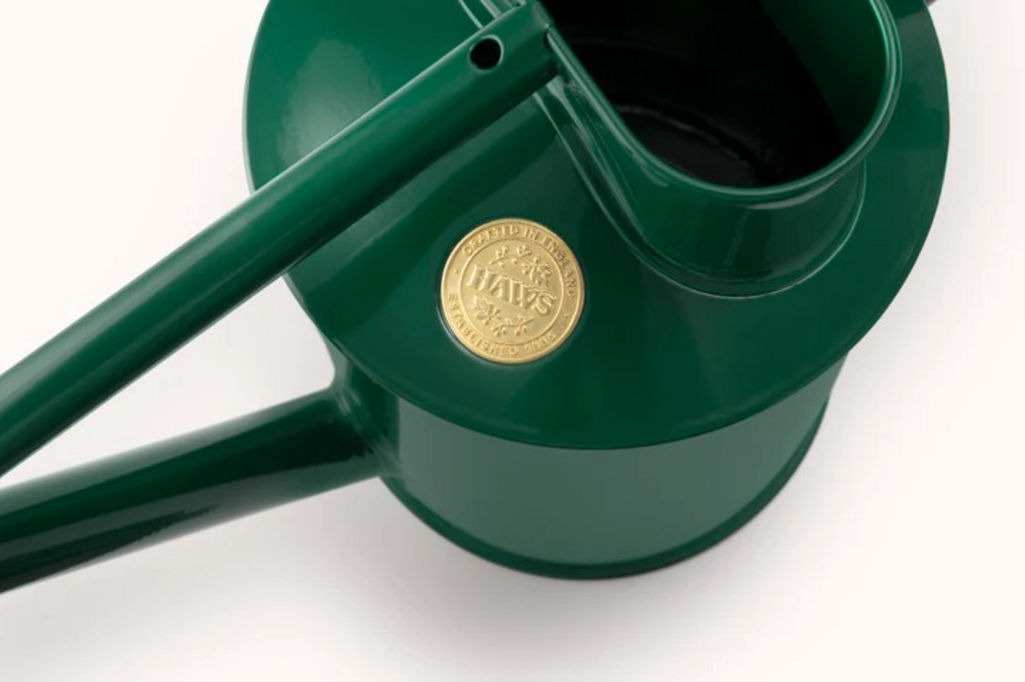 Grønn metallvannkanne i klassisk design med lang tut og grov dusjrose, perfekt for utendørs vanning av blomster og planter.