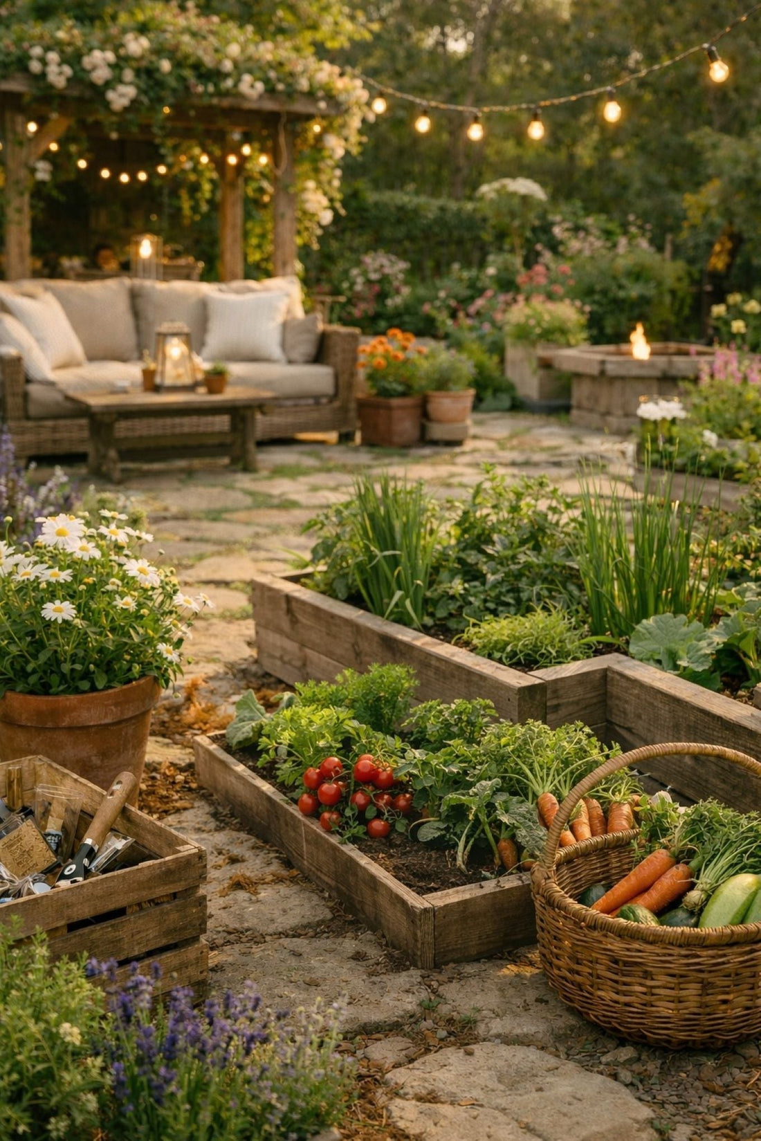 Trender i hagen 2026 – stemningsfull kjøkkenhage med hevede bed, grønnsaker og urter i kveldslys
