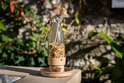 Fuglemater i dus rosa med glassbeholder