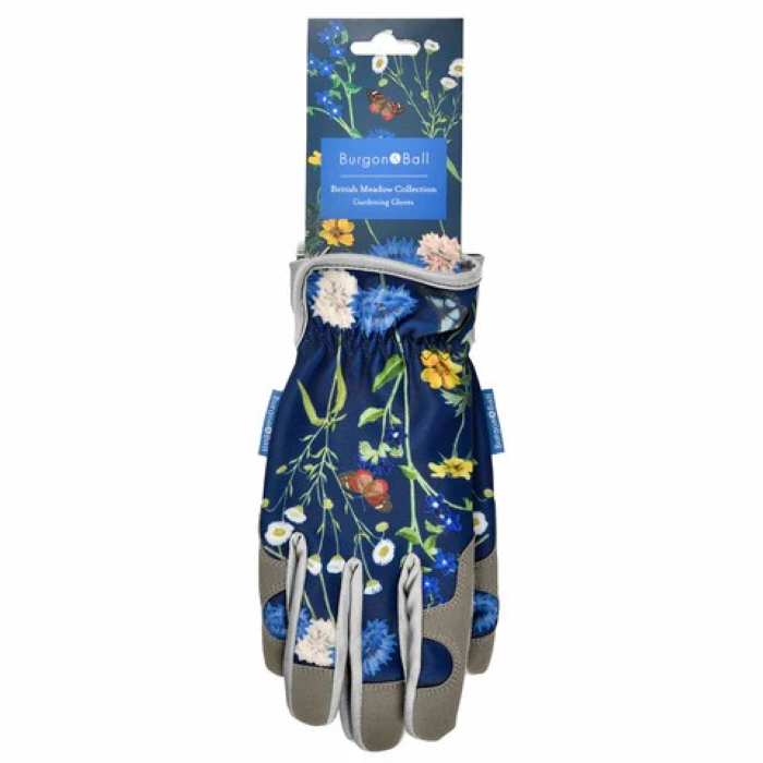 Burgon & Ball hagehansker for dame i British Meadow-design med blomster og sommerfugler på mørk blå bakgrunn.