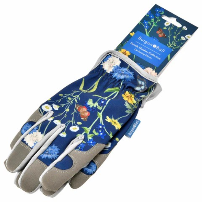 Burgon & Ball hagehansker for dame i British Meadow-design med blomster og sommerfugler på mørk blå bakgrunn.