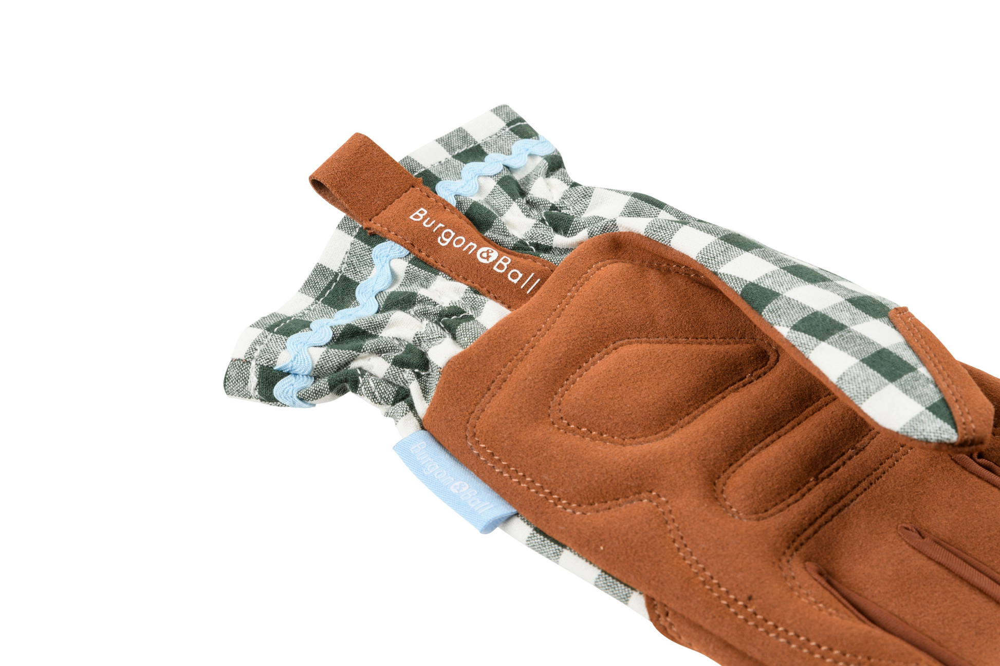 Hagehansker i heritage grønn gingham med polstret håndflate, netting mellom fingrene og elastisk mansjett for komfort og beskyttelse.