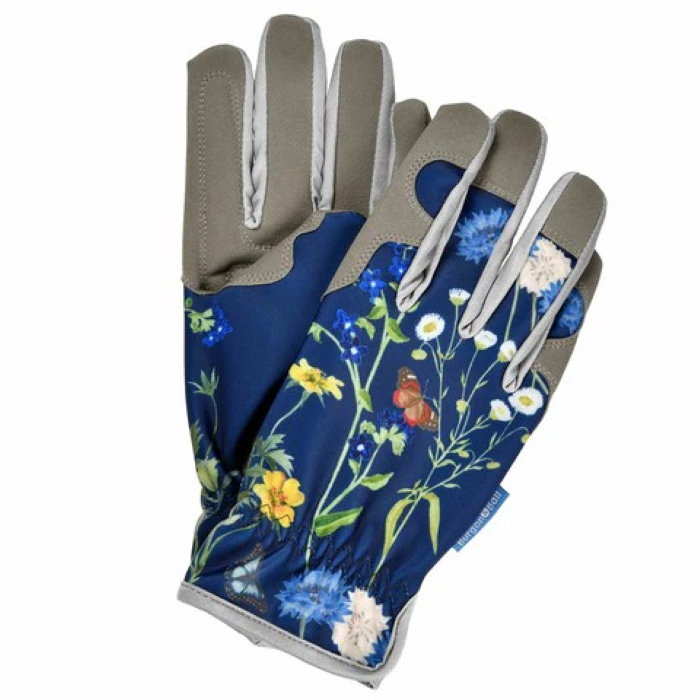 Burgon & Ball hagehansker for dame i British Meadow-design med blomster og sommerfugler på mørk blå bakgrunn.