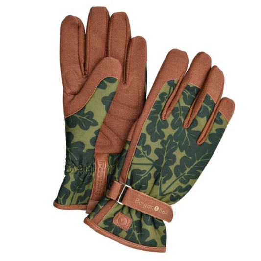 Love The Glove hagehansker til dame i Grønnt Eikeblad-design, størrelse M/L – pustende og polstrede hansker med skinnkant og borrelås