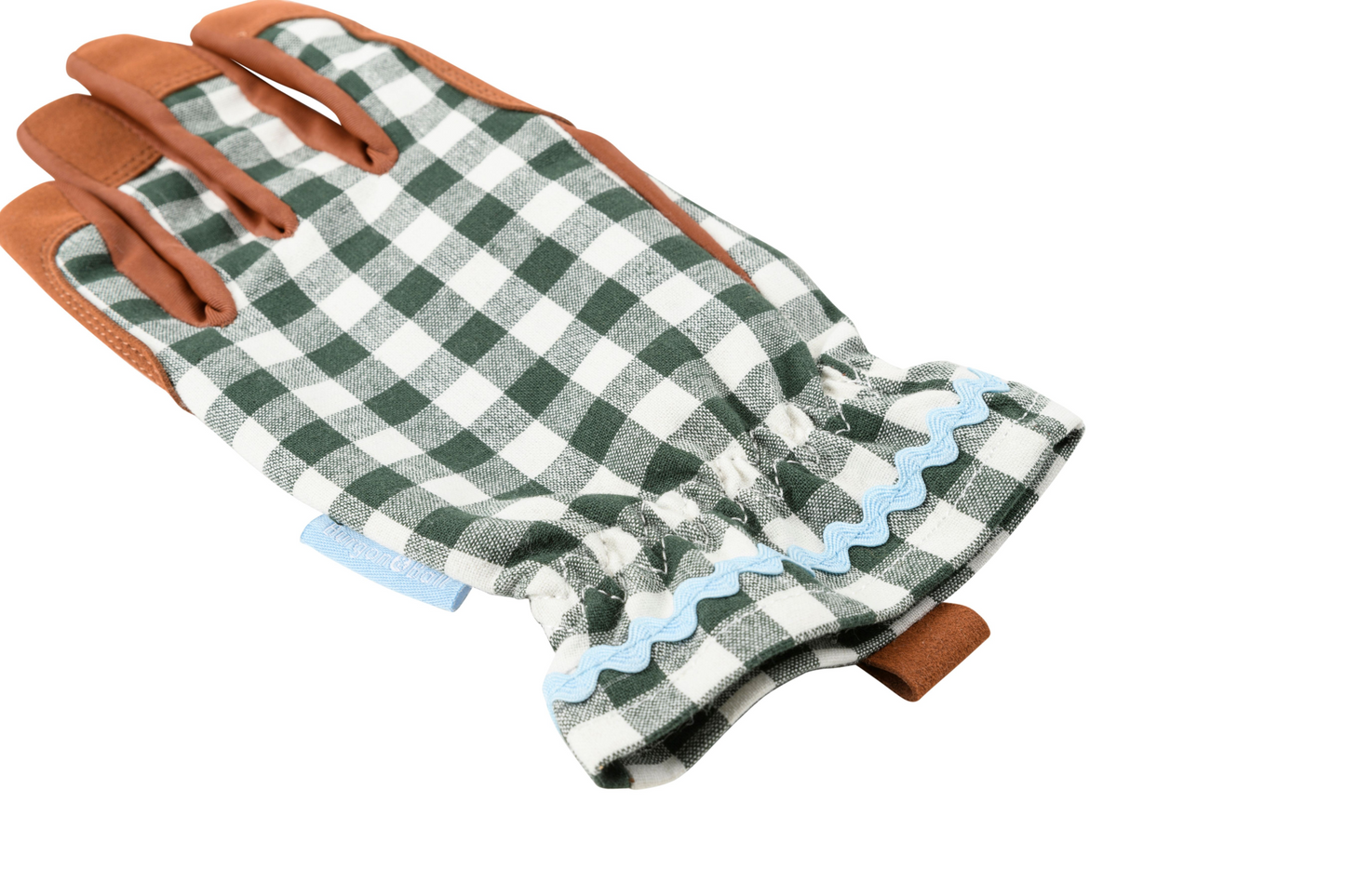 Hagehansker i heritage grønn gingham med polstret håndflate, netting mellom fingrene og elastisk mansjett for komfort og beskyttelse.