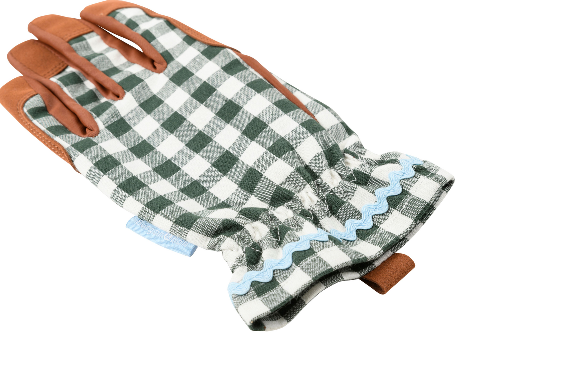 Hagehansker i heritage grønn gingham med polstret håndflate, netting mellom fingrene og elastisk mansjett for komfort og beskyttelse.