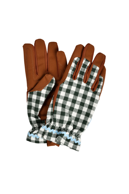 Hagehansker i heritage grønn gingham med polstret håndflate, netting mellom fingrene og elastisk mansjett for komfort og beskyttelse.