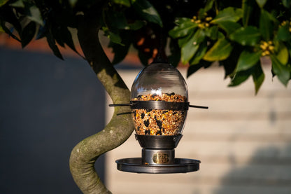 Hazel fuglemater er en nydelig fuglemater laget med sølvgrå patina og elegant håndblåst glass.