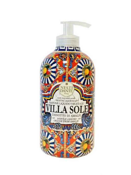 Flaske med Nesti Dante Villa Sole flytende håndsåpe, 500 ml – med naturlig duft av myrte og appelsin.
