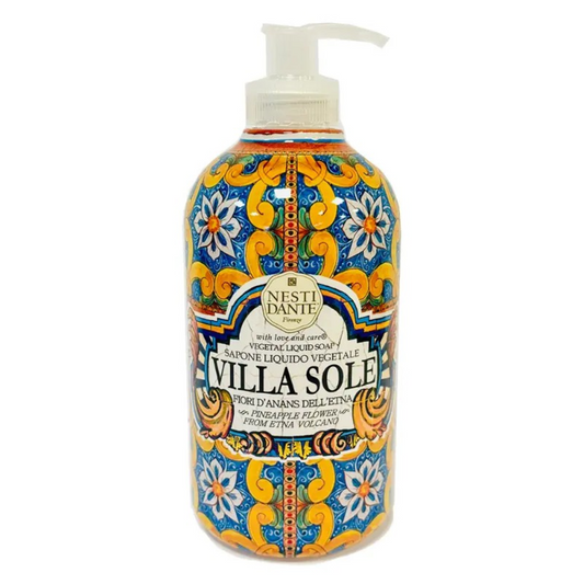 Nesti Dante Villa Sole Fiori d’Ananas flytende såpeflaske med gul etikett og fruktig design – 500 ml.