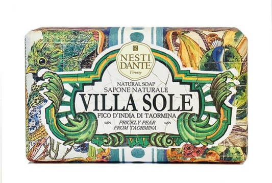 Nesti Dante Villa Sole Prickly Pear såpestykke 250 g, innpakket i fargerik papirpakning med naturlig design.