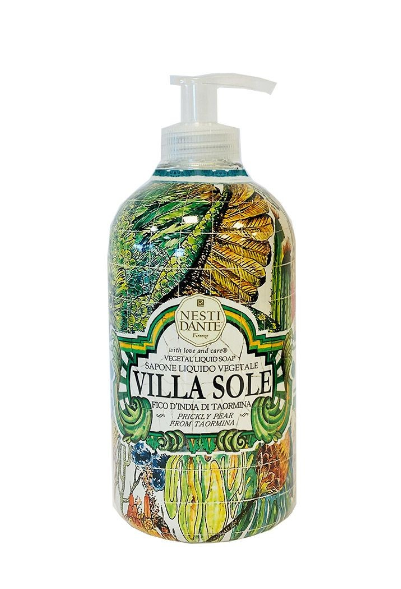 Nesti Dante Villa Sole Prickly Pear flytende håndsåpe, 500 ml i elegant flaske – naturlig, vegansk og laget i Italia.
