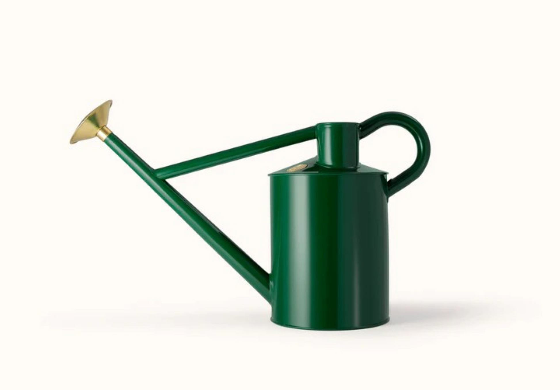 Grønn metallvannkanne i klassisk design med lang tut og grov dusjrose, perfekt for utendørs vanning av blomster og planter.