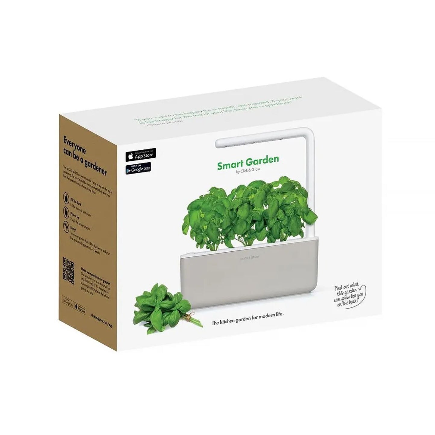 Emballasje for Click & Grow Smart Garden 3 Start Kit i mellow beige – inkludert 3 plantekapsler med basilikumfrø, lampeforlengere og hurtigstartguide.