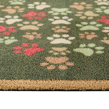 Detaljbilde av Hug Rug Paws for Love med fargerike potetrykk på grønn bakgrunn