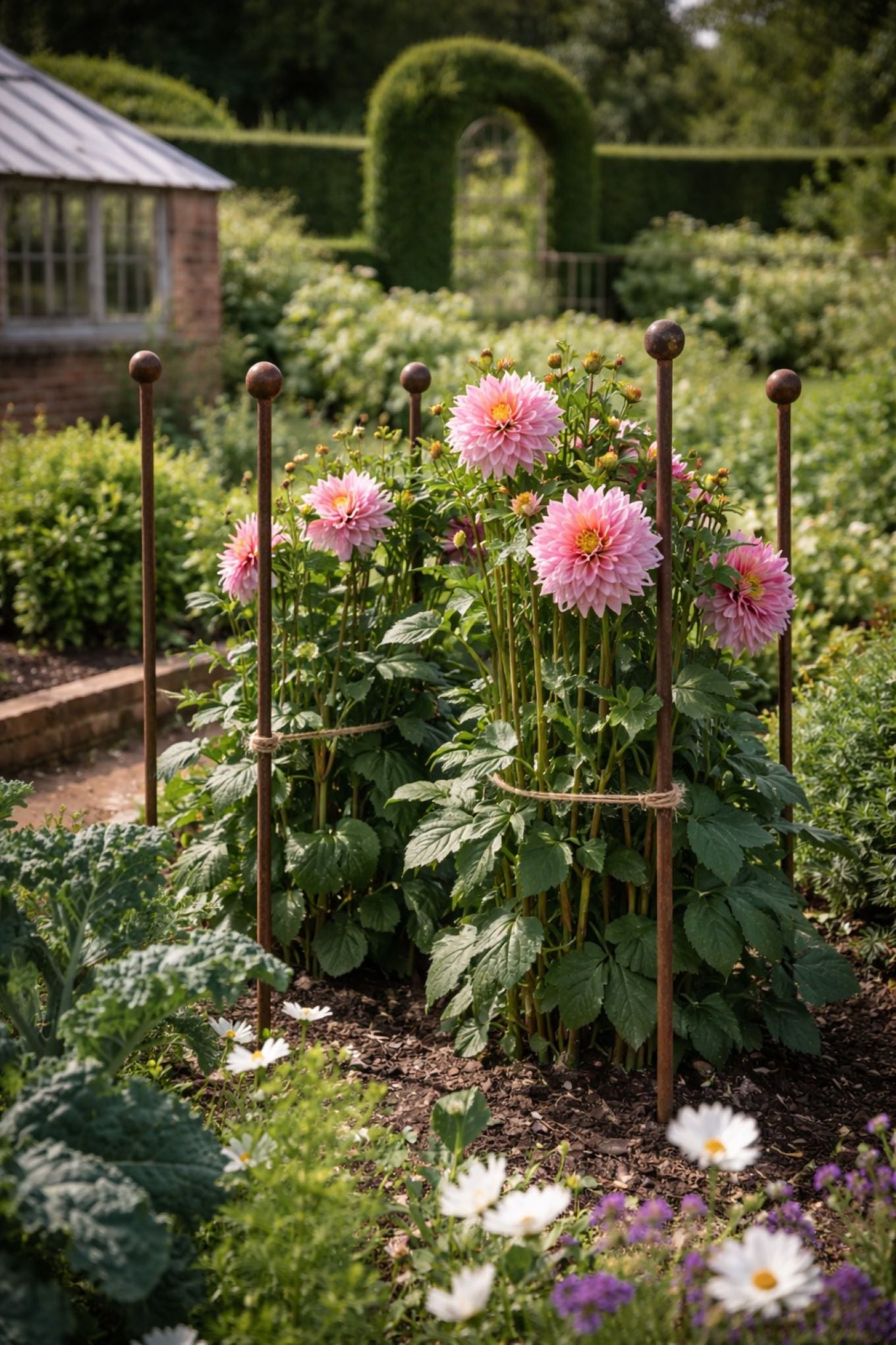Muntons plantestøtter brukt til å støtte dahlia i historisk hage