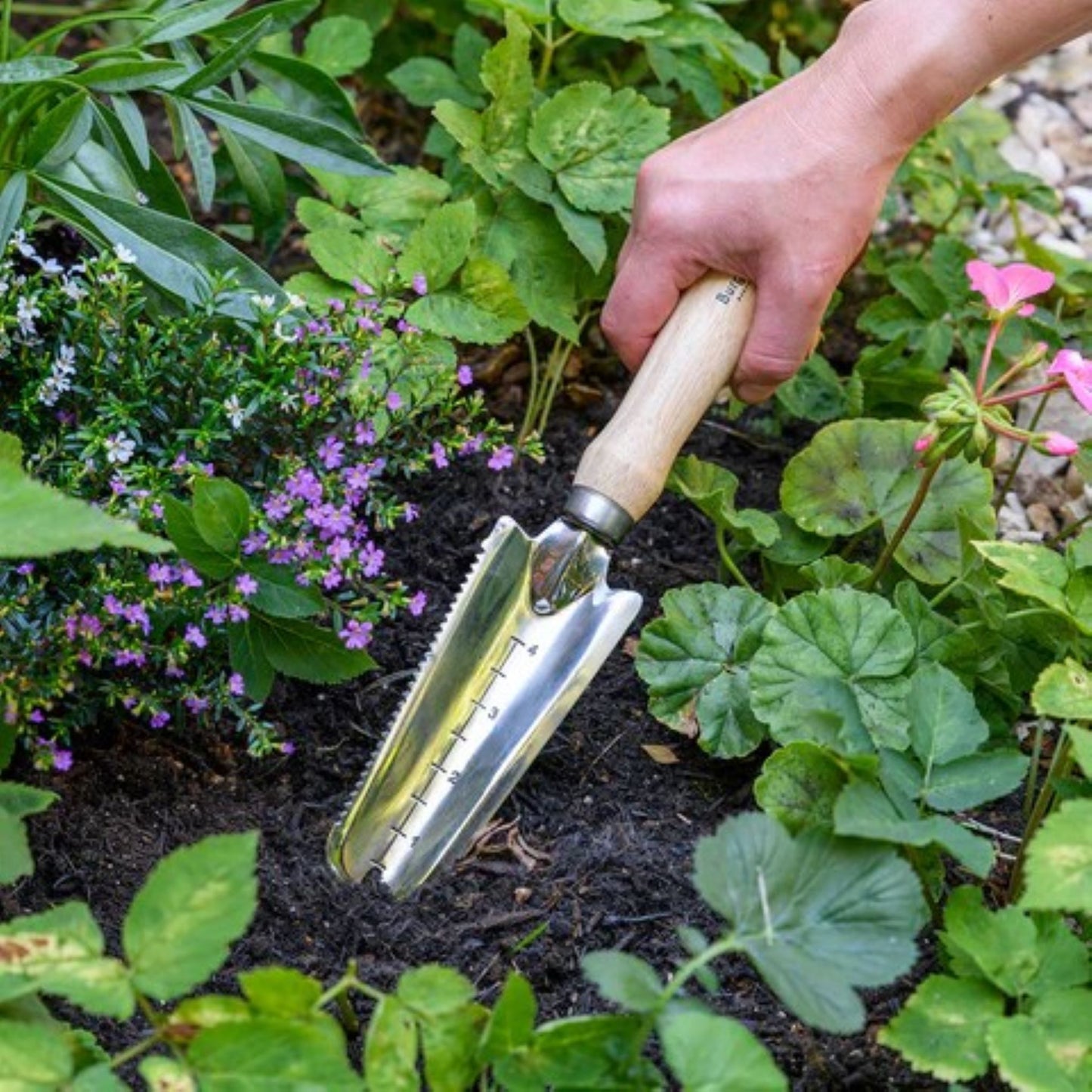 Plantekniv brukt til planting i tett beplantede bed