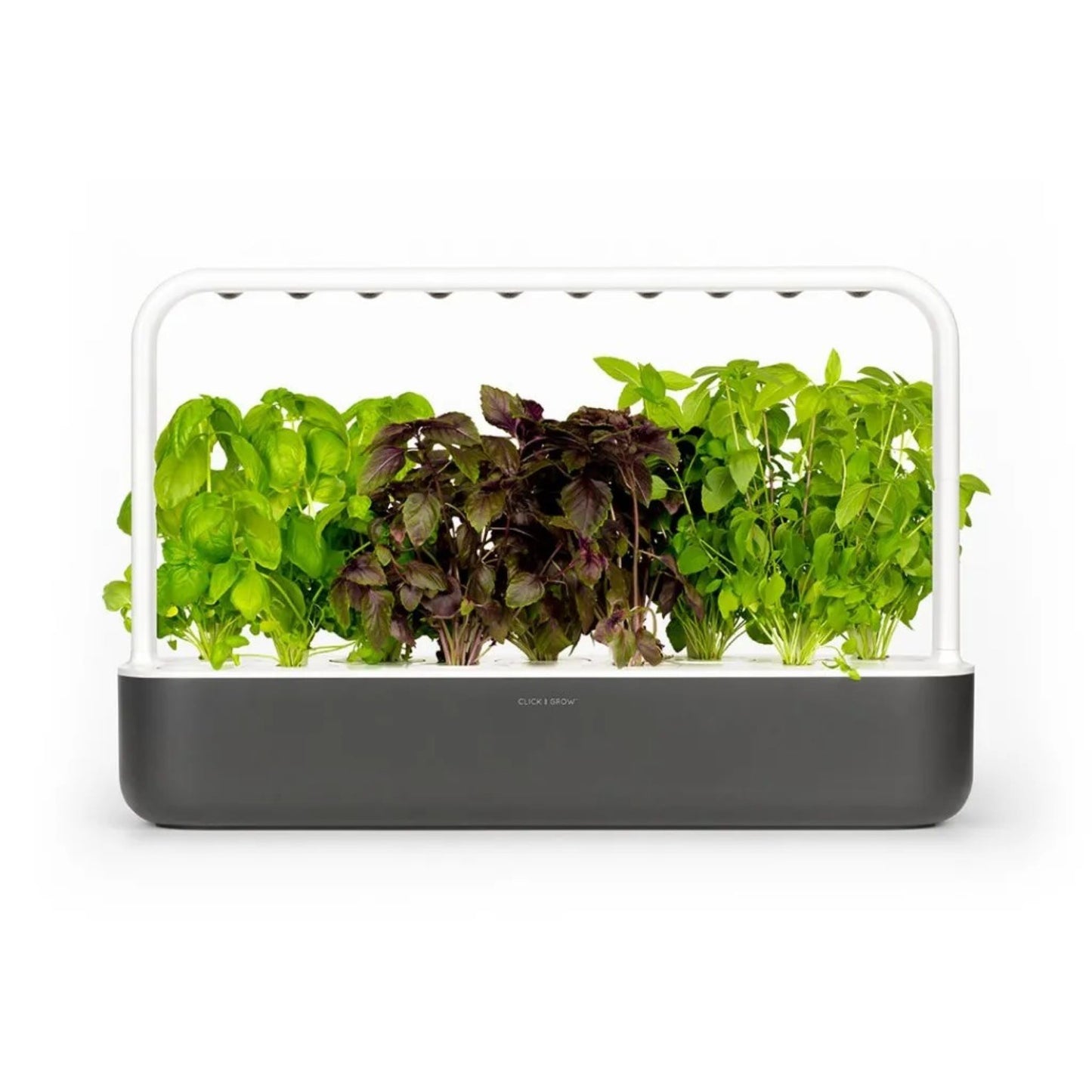 Click & Grow Smart Garden 9 i grå – automatisk innendørs kjøkkenhage med LED-vekstlys og selvvanningssystem.