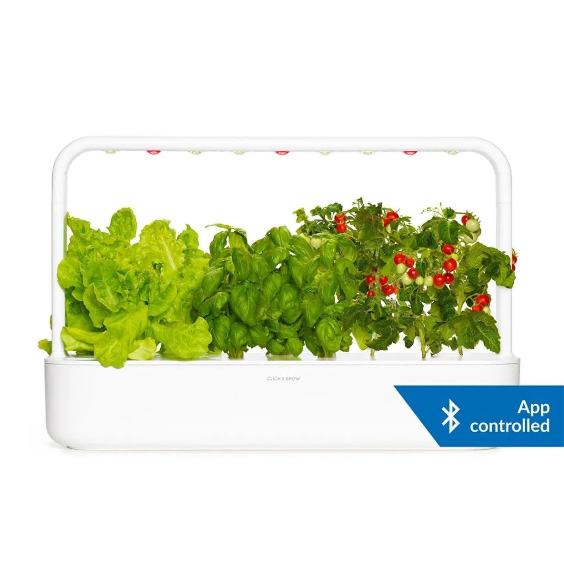 Click & Grow Smart Garden 9 Pro Start Kit i hvit – app-styrt innendørs plantedyrker for friske urter og grønnsaker.