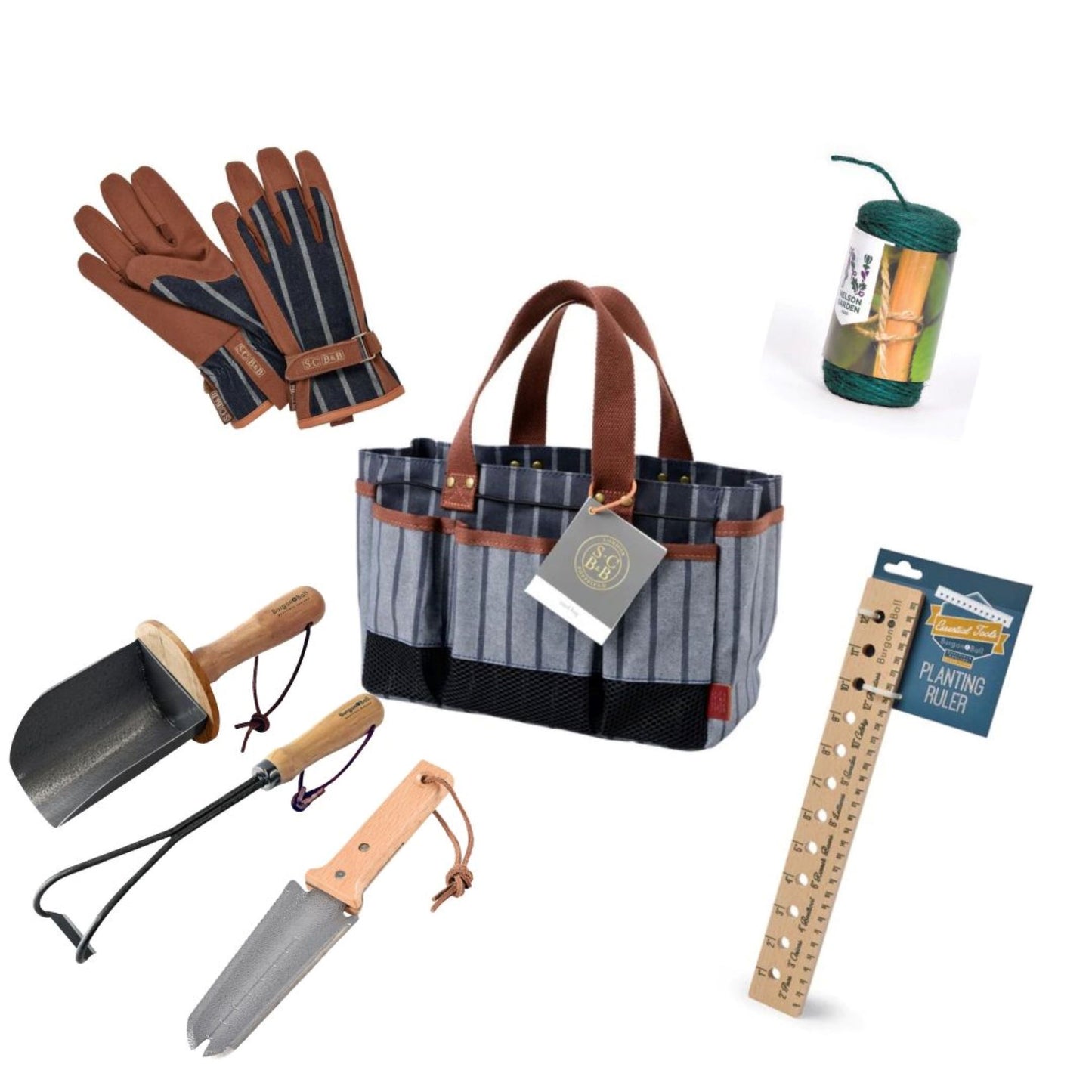 Startpakke kjøkkenhage med hageveske, hansker, redskap, plantelinjal og jutesnøre