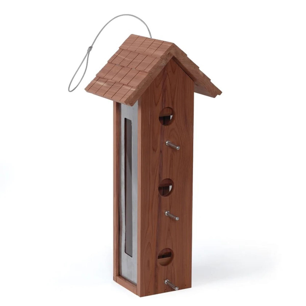 Stor fuglemater i sedertre 43 cm med seks matstasjoner til småfugler.